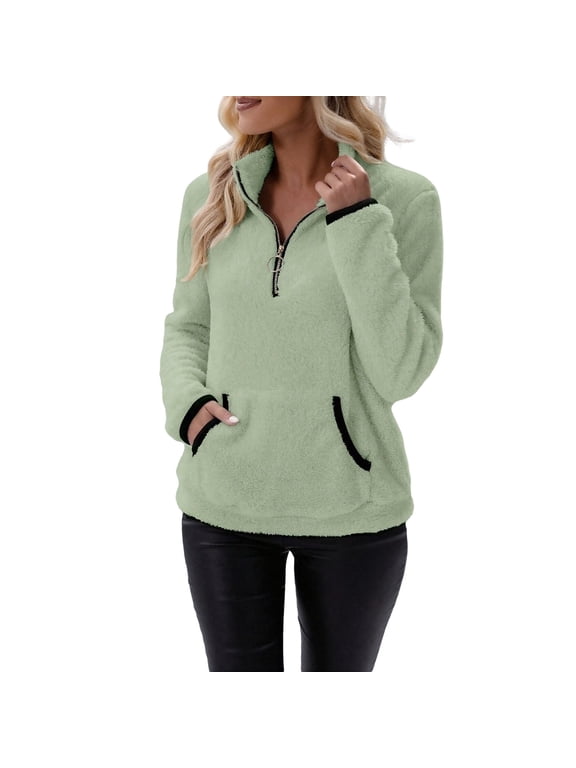 Women Sherpa Fleece Pullover Quarter Zip Long Sleeve Fluffy Soft Sweaters Jacket Plus Size Winter Coats with Pockets Fall Warm Oversized 3/4 Zip Sweatshirt Winter Tops Coat Light green XXL
