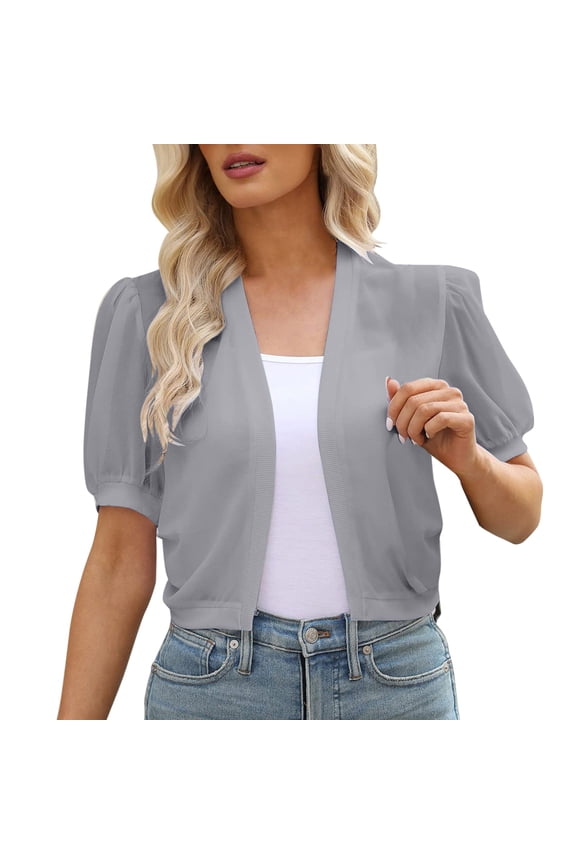 Women Summer Open Front Sheer Short Sleeve Ruffle Cropped Chiffon Capes Bolero Shrug Cardigan Womens Ladies Solid V Neck Cardigan Long Sleeve Coat Pockets Outerwear Grey Xl