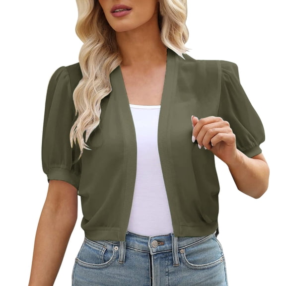 BODOAO Women Summer Open Front Sheer Short Sleeve Ruffle Cropped Chiffon Capes Bolero Shrug Cardigan Womens Ladies Solid V Neck Cardigan Long Sleeve Coat Pockets Outerwear Green M