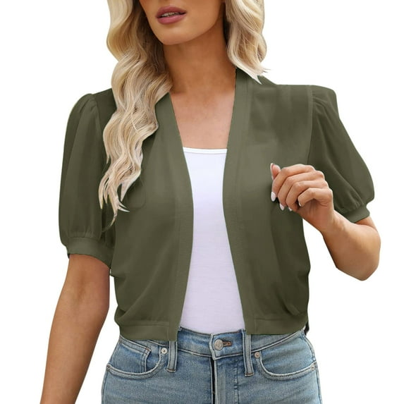 BODOAO Women Summer Open Front Sheer Short Sleeve Ruffle Cropped Chiffon Capes Bolero Shrug Cardigan Womens Ladies Solid V Neck Cardigan Long Sleeve Coat Pockets Outerwear Green Xl