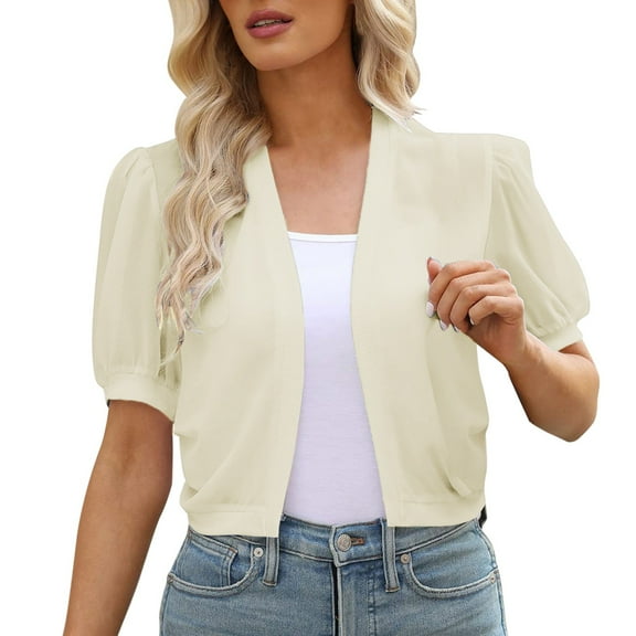 BODOAO Women Summer Open Front Sheer Short Sleeve Ruffle Cropped Chiffon Capes Bolero Shrug Cardigan Womens Ladies Solid V Neck Cardigan Long Sleeve Coat Pockets Outerwear Beige S