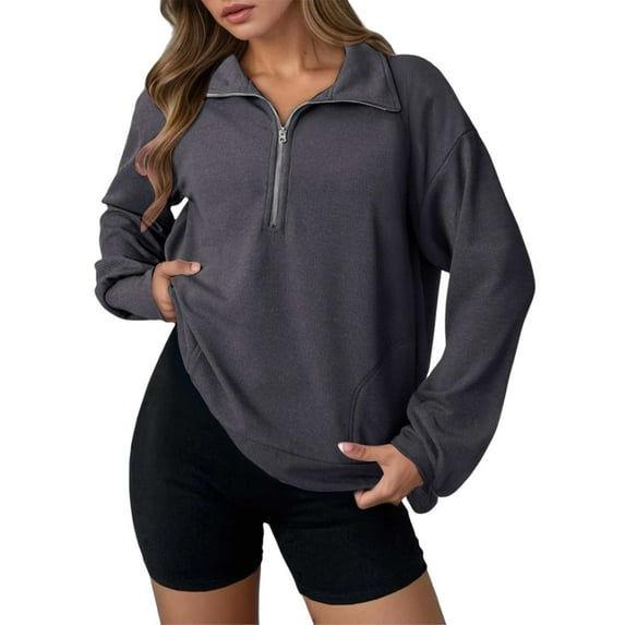 BODOAO Women Tops Quarter Zip Fall Winter Spring Tunic Casual Oversized Sweatshirt Knit Long Sleeve Lapel Half Zip Sweatshits Waffle Knitted Pullover Sweatshirt V Neck Fall Outfit 2025 Dark Grey M