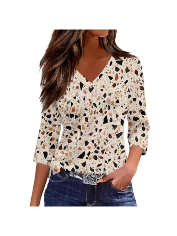 Women V Neck Half Sleeve T Shirts Summer Dressy Casual Elbow Length Fitted Basic Tee Tunic Tops Blouse Beige S