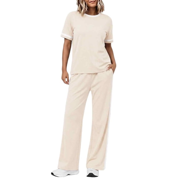 BODOAO Women's 2 Piece Lounge Set Loose Fit Short Sleeve Top and Wide Leg Pants Casual Matching Sweatsuit for Travel, Daily Wear, Home, Vacation, Airport and Errand Outfits Beige L