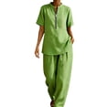 thumbnail image 1 of BODOAO Women's 2 Piece Short Sets Half Zip Short Sleeve Tops Wide Leg Long Pants Summer Dressy Casual Vacation Athletic Outfits Lounge Set Pajamas for Women Light Green M, 1 of 7