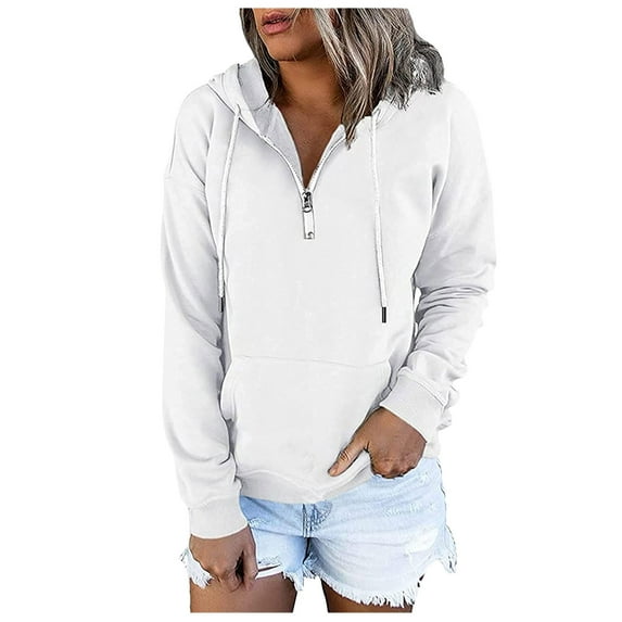 BODOAO Women's 2025 Fall Hooded Sweatshirts Sleeve with Pocket Sweatshirts Pullover Long and Casual Clothes Sweatshirts Long Sleeve Half Zip Hoodies Pullover Winter Fashion Clothes White Xxl