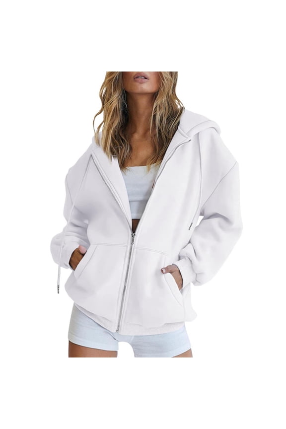 Women's 2025 Zip Up Y2K Hoodies Casual Long Sleeve Sweatshirts Fall Spring Track Jackets with Pockets Fall Jacket Oversized Sweatshirt Clothing Zipper Track Jacket Solid Color Top White 4Xl