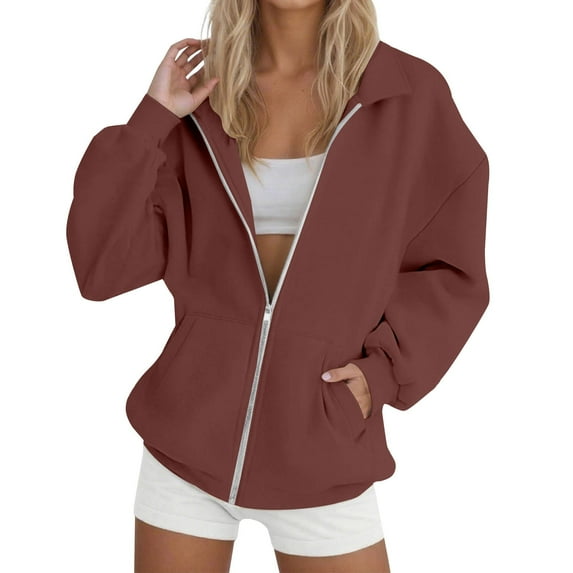 BODOAO Women's 2025 Zip Up Y2K Hoodies Oversized Solid Color Sweatshirts Pullover Lapel Loose Casual Zipper Sweatshirts Casual Long Sleeve Sweatshirts Fall Spring Track Jackets with Pockets Wine L