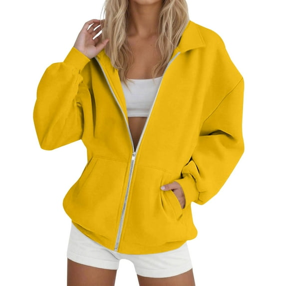 BODOAO Women's 2025 Zip Up Y2K Hoodies Oversized Solid Color Sweatshirts Pullover Lapel Loose Casual Zipper Sweatshirts Casual Long Sleeve Sweatshirts Fall Spring Track Jackets with Pockets Yellow L