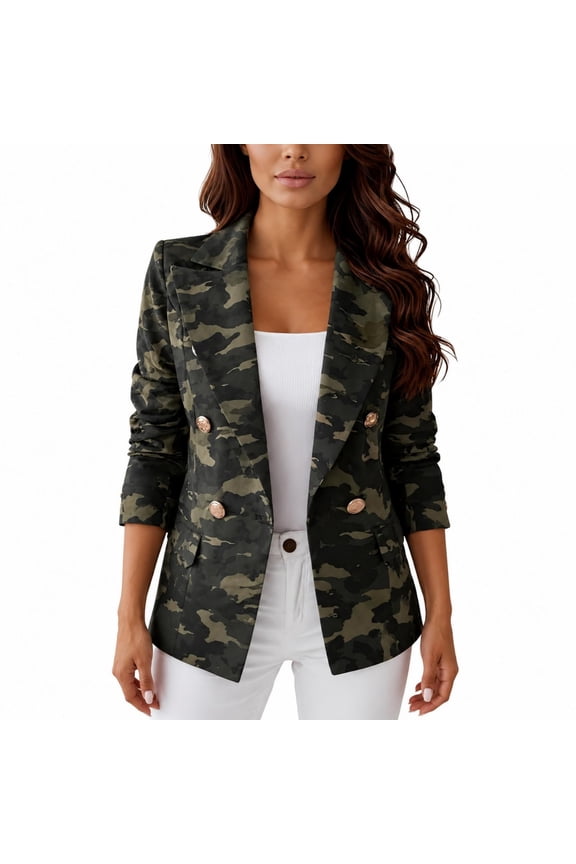 Women's 2026 Trendy Double Breasted Blazer Jacket with Various Prints, Long Sleeve Versatile Suit Coat for Work, Office, Party, Meetings and Casual Daily Outfits Camouflage 3XL