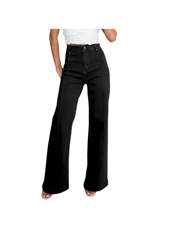 Women's 2026 Wide Leg Jeans, High Waisted Stretch Denim Pants, Baggy Loose Fit Straight Trousers with Soft Fabric, Classic Washed Look and Relaxed Full Length Design Black S