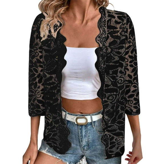 BODOAO Women's 3/4 Sleeve Bolero Shrugs Crochet Lace Open Cardigan Lightweight Casual Loose Fashion Tops Outifits Autumn Patterned Lace Hollow Lace Solid Color Five Quarter Sleeved Cardigan Black L