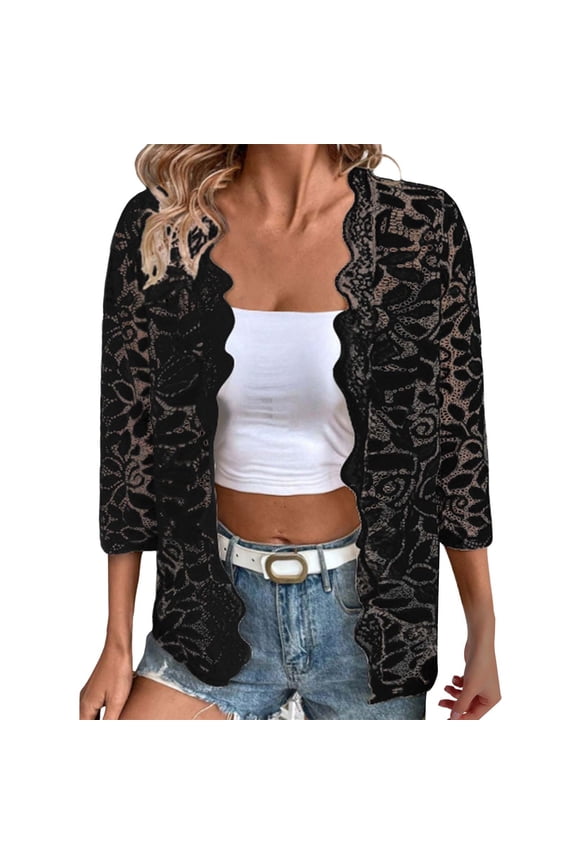 Women's 3/4 Sleeve Bolero Shrugs Crochet Lace Open Cardigan Lightweight Casual Loose Fashion Tops Outifits Autumn Patterned Lace Hollow Lace Solid Color Five Quarter Sleeved Cardigan Black Xxl