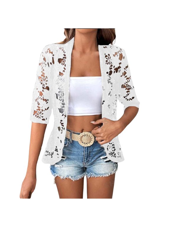 Women's 3/4 Sleeve Open Front Cropped Lace Cardigan Summer Lightweight Hollow Out Knit Shrug Women's Autumn Patterned Lace Hollow Lace Solid Color Five Quarter Sleeved Cardigan White 3Xl