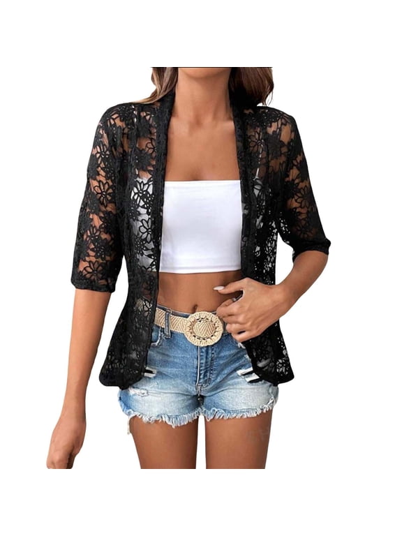 Women's 3/4 Sleeve Open Front Cropped Lace Cardigan Summer Lightweight Hollow Out Knit Shrug Women's Autumn Patterned Lace Hollow Lace Solid Color Five Quarter Sleeved Cardigan Black L