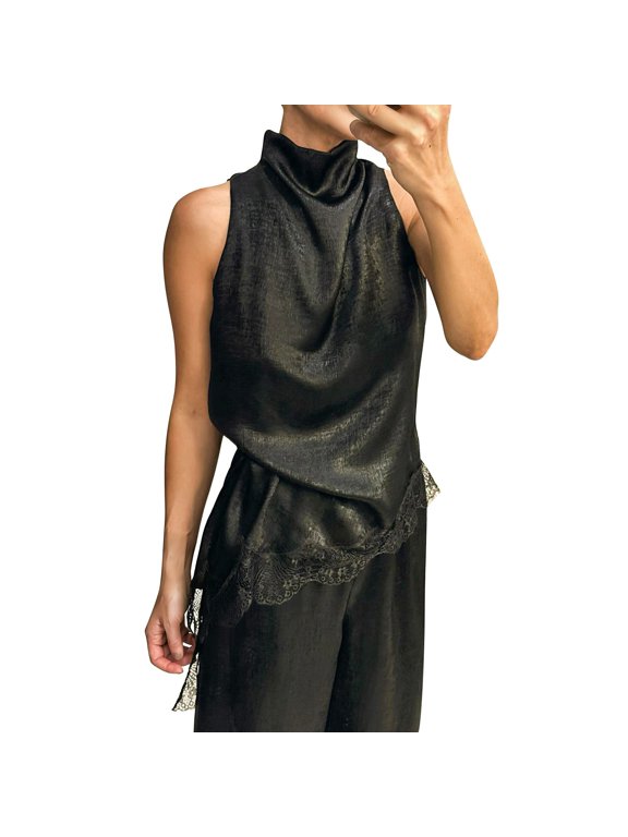 Women's Asymmetrical Satin Halter Tops High Neck Top Sleeveless Lace Trim Soft Asymmetrical Hem Vintage Chic Loose Blouse for Party Holiday and Daily Wear Black L