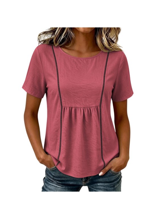 Womens Babydoll Blouse Round Neck Short Sleeve Contrast Trim Loose Fit Casual Tunic Top Soft Lightweight Shirt for Daily Wear Work Vacation Weekend Outfits Red 3XL