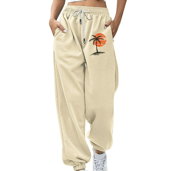 BODOAO Women's Baggy Sweatpants Workout Active Joggers Pants High Waisted Drawstring Lounge Bottoms with Pockets Baggy Sweatpants Elastic Print Workout Athletic Joggers Pants Loose Trousers Beige L