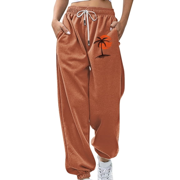BODOAO Women's Baggy Sweatpants Workout Active Joggers Pants High Waisted Drawstring Lounge Bottoms with Pockets Baggy Sweatpants Elastic Print Workout Athletic Joggers Pants Loose Trousers Brown L