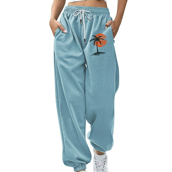 BODOAO Women's Baggy Sweatpants Workout Active Joggers Pants High Waisted Drawstring Lounge Bottoms with Pockets Elastic Print Workout Athletic Joggers Pants Loose Trousers Light Blue 4Xl