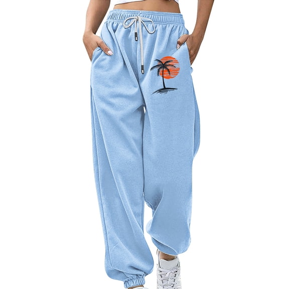 BODOAO Women's Baggy Sweatpants Workout Active Joggers Pants High Waisted Drawstring Lounge Bottoms with Pockets Elastic Print Workout Athletic Joggers Pants Loose Trousers Sky Blue S