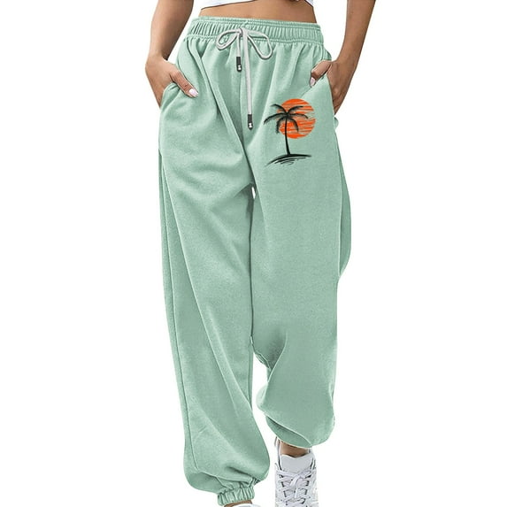 BODOAO Women's Baggy Sweatpants Workout Active Joggers Pants High Waisted Drawstring Lounge Bottoms with Pockets Elastic Print Workout Athletic Joggers Pants Loose Trousers Light Green 4Xl