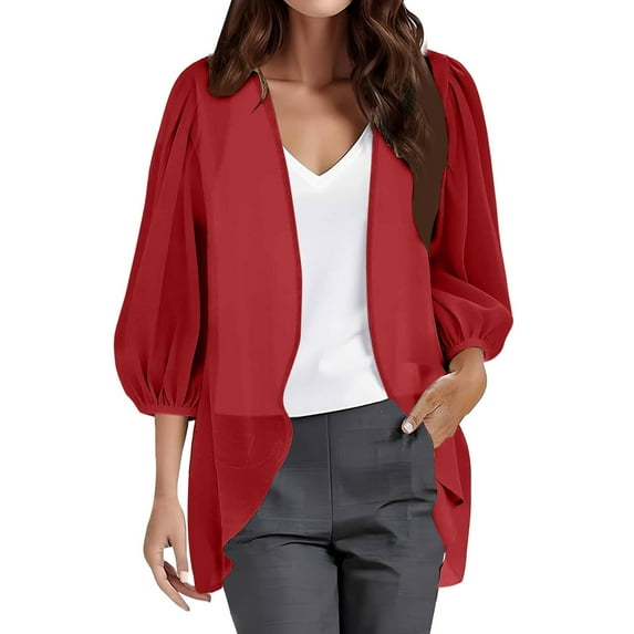 BODOAO Women's Beach Kimono Coverup Sheer Chiffon Cover Ups, Casual Loose Open Front Cardigan Tops Women Chiffon Cardigan 3/4 Sleeve Chiffon Lightweight Summer Blouse Tops Beach Cover Up Red Xxl
