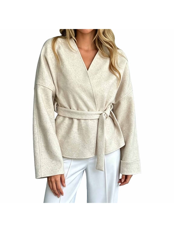 Women's Belted Wrap Coat Short Open Front Wool Blend Jacket with V Neck and Self Tie Waist Drop Shoulder Long Sleeves Dressy Outerwear for Work or Casual Wear White 2XL