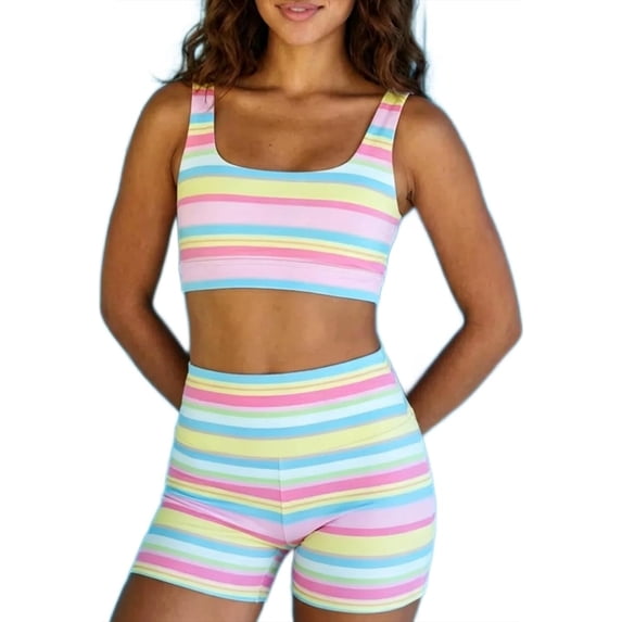 BODOAO Women's Biker Shorts Set 2 Piece Striped Square Neck Crop Tank Top and High Waisted Biker Shorts Workout Athletic Yoga Gym Outfit Stretchy Activewear Summer Training Pink L
