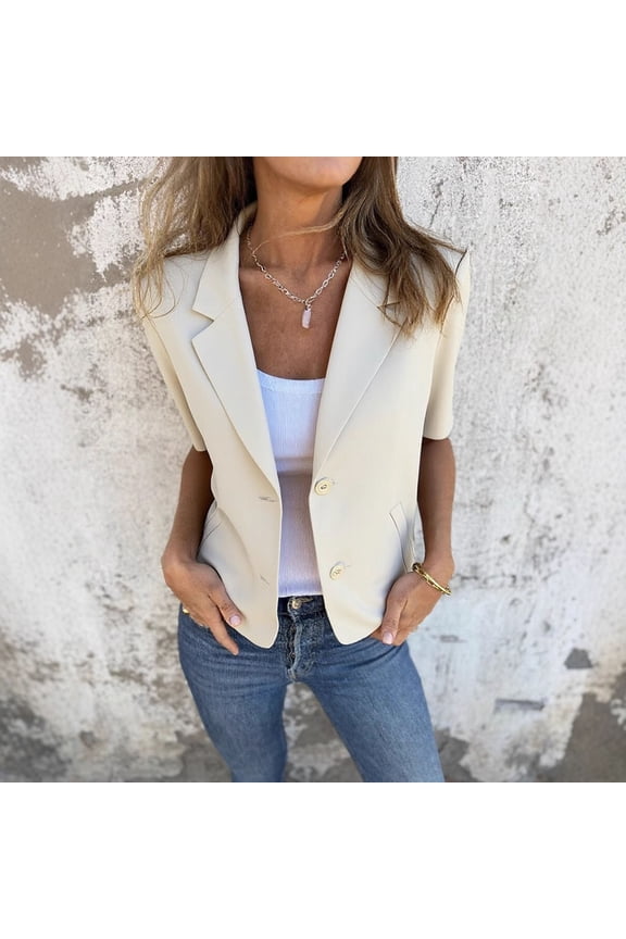 Women's Blazer Jacket Short Sleeve Summer Casual Lightweight Button Lapel Blazers with Pockets Blazers Work Office Suit Open Front Short Sleeve Suit Lapel Jacket with Pockets Beige L