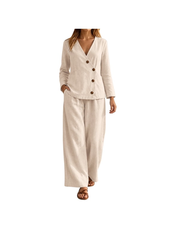 Women's Blazer Pants Set V Neck Button Front Jacket with Pockets and Wide Leg Pants 2 Piece Suit Outfit Dressy Casual Office Workwear Business Tailored Style Beige M