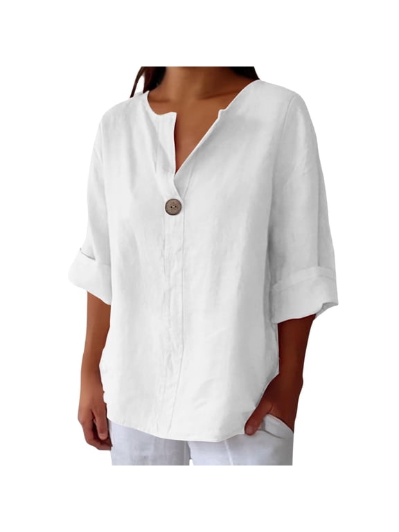 Women's Blouse Summer Casual Loose Fit Peter Pan Collar 3/4 Sleeve Button Front Top with Gathered Cuffs, Pullover Shirt for Work Office Daily Wear Weekend and Going Out White L