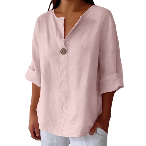 BODOAO Women's Blouse Summer Casual Loose Fit Peter Pan Collar 3/4 Sleeve Button Front Top with Gathered Cuffs, Pullover Shirt for Work Office Daily Wear Weekend and Going Out Pink S