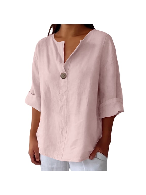 Women's Blouse Summer Casual Loose Fit Peter Pan Collar 3/4 Sleeve Button Front Top with Gathered Cuffs, Pullover Shirt for Work Office Daily Wear Weekend and Going Out Pink S