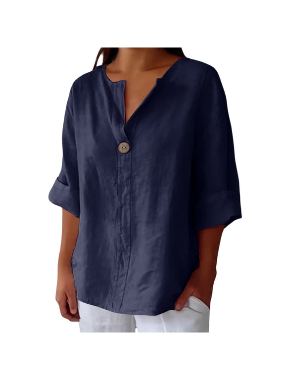 Women's Blouse Summer Casual Loose Fit Peter Pan Collar 3/4 Sleeve Button Front Top with Gathered Cuffs, Pullover Shirt for Work Office Daily Wear Weekend and Going Out Navy S