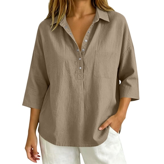 BODOAO Women's Blouse Summer Casual Loose Fit Split Neck Short Roll Sleeve Tunic Top with Curved Hem, Relaxed Pullover Shirt for Work Office Daily Wear Vacation and Weekend Outfits Khaki S