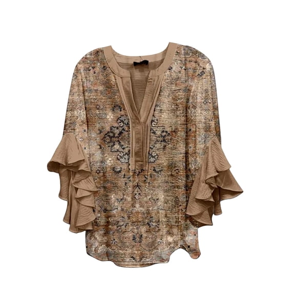 BODOAO Women's Boho Floral Print Blouse V Neck 3/4 Ruffle Bell Sleeve Top Casual Loose Vacation Tunic Shirt for Leggings Hippie Boho Top Flowy Blouse Shirt for Women Casual Tunic Coffee 3XL