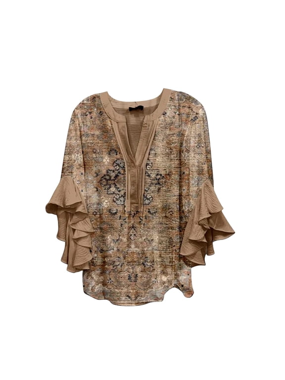 Women's Boho Floral Print Blouse V Neck 3/4 Ruffle Bell Sleeve Top Casual Loose Vacation Tunic Shirt for Leggings Hippie Boho Top Flowy Blouse Shirt for Women Casual Tunic Coffee 3XL