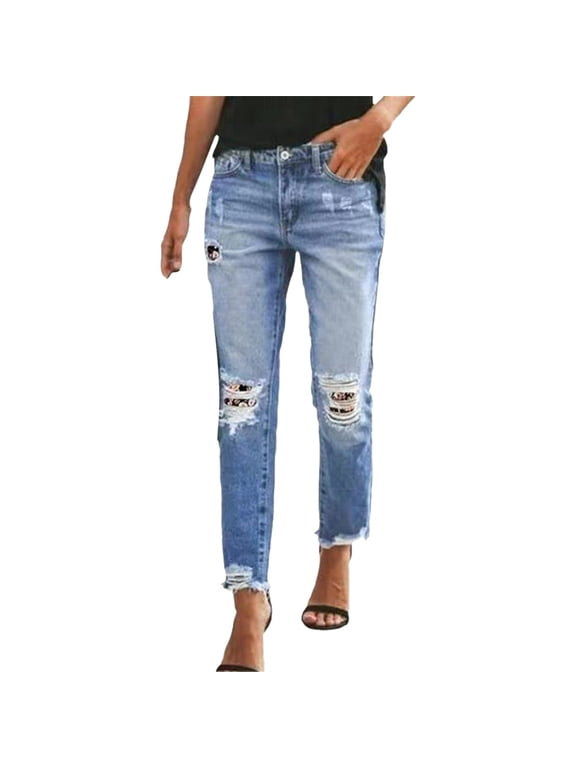 Women's Boyfriend Jeans High Waisted Ripped Straight Leg Denim Pants Frayed Raw Hem Distressed Jeans with Patches Casual Relaxed Fit Vintage Mom Jeans for Women Blue L