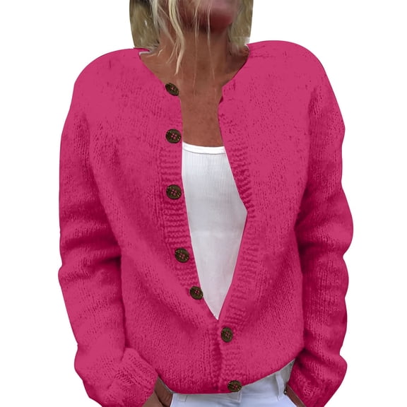 BODOAO Women's Button Down Cardigan Sweater Long Sleeve Chunky Cardigan Top Casual Knit Jacket Fall Winter Streetwear Autumn and Winter Warm Sweater Knitted Cardigan Sweater Coat Hot Pink Xl
