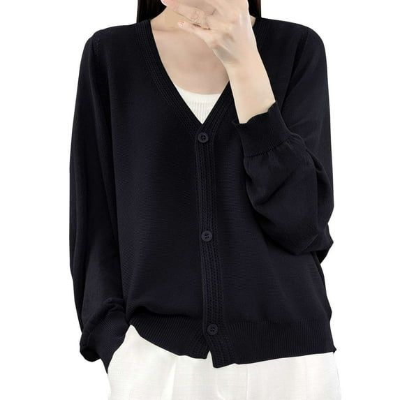 BODOAO Women's Button Down V Neck Long Sleeve Soft Knit Cardigan Sweater Women's Ice Linen Loose Thin V Neck Long Sleeve Cardigan Black M