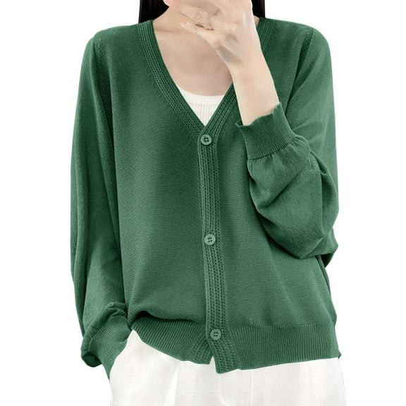BODOAO Women's Button Down V Neck Long Sleeve Soft Knit Cardigan Sweater Women's Ice Linen Loose Thin V Neck Long Sleeve Cardigan Green M