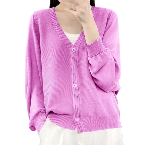 BODOAO Women's Button Down V Neck Long Sleeve Soft Knit Cardigan Sweater Women's Ice Linen Loose Thin V Neck Long Sleeve Cardigan Purple M