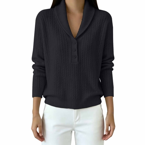 BODOAO Women's Cable Knit Sweater with Shawl Collar Long Sleeve Henley Pullover with 3 Button Neck Ribbed Cuffs and Hem Relaxed Cable Knit Sweater Top Women's Pullover Black XL