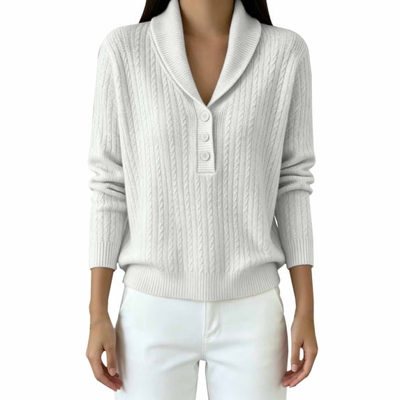 BODOAO Women's Cable Knit Sweater with Shawl Collar Long Sleeve Henley Pullover with 3 Button Neck Ribbed Cuffs and Hem Relaxed Cable Knit Sweater Top Women's Pullover White 3XL