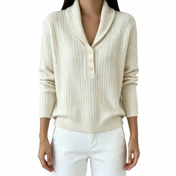 BODOAO Women's Cable Knit Sweater with Shawl Collar Long Sleeve Henley Pullover with 3 Button Neck Ribbed Cuffs and Hem Relaxed Cable Knit Sweater Top Women's Pullover Beige L