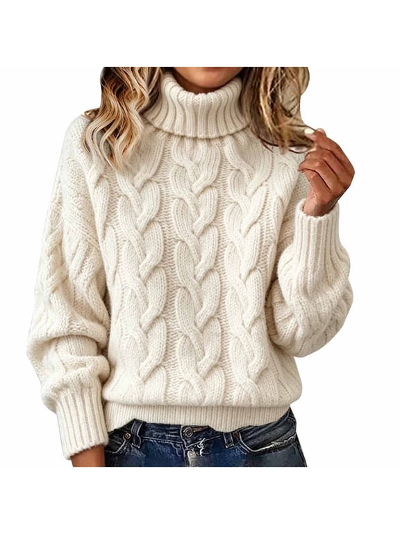Women's Cable Knit Turtleneck Sweater Long Sleeve Chunky Knit Pullover with Ribbed Mock Neck Cuffs and Hem Women's Loose Fit Winter Sweater Top Pullover Top Beige S