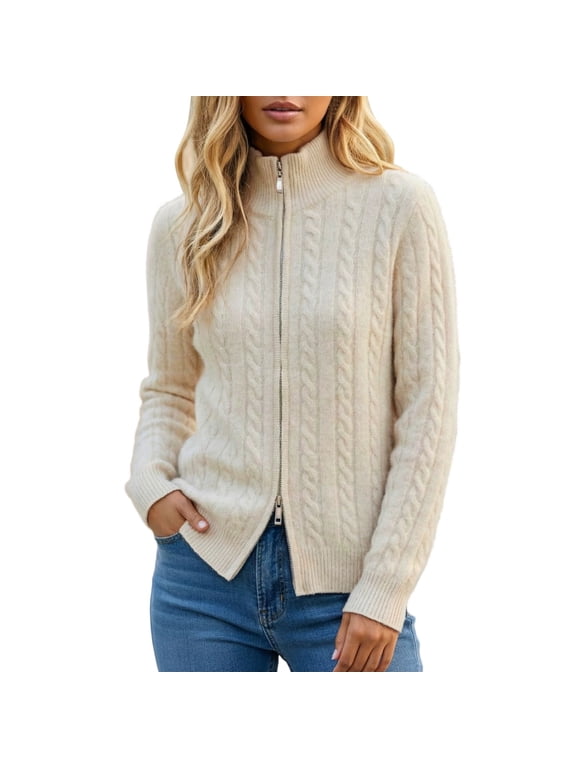 Women's Cable Knit Zip Up Cardigan, Long Sleeve Turtleneck Sweater Jacket with Pockets and Ribbed Detail, Soft Thick Warm Casual Outerwear for Fall Winter Beige M