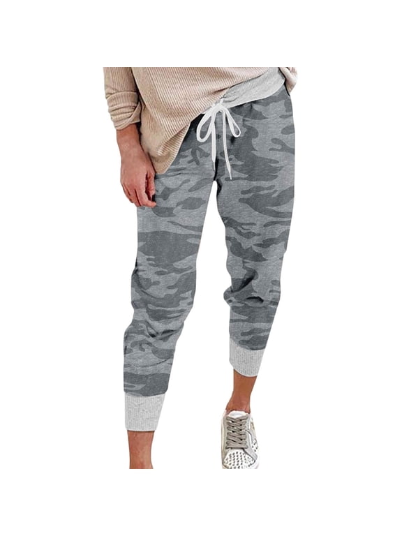 Women's Camo Joggers Drawstring Elastic Waist Casual Sweatpants Tapered Leg Ribbed Cuffs Soft Lounge Trousers with Pockets Print Workout Activewear Bottoms Dark Gray L