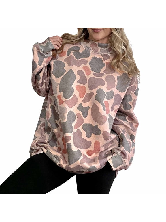 Women's Camo Print Mock Neck Sweatshirt, Long Sleeve Casual Pullover Top with Ribbed Cuffs and Loose Fit, Soft Cozy Loungewear for Everyday Fall Winter Days Pink L